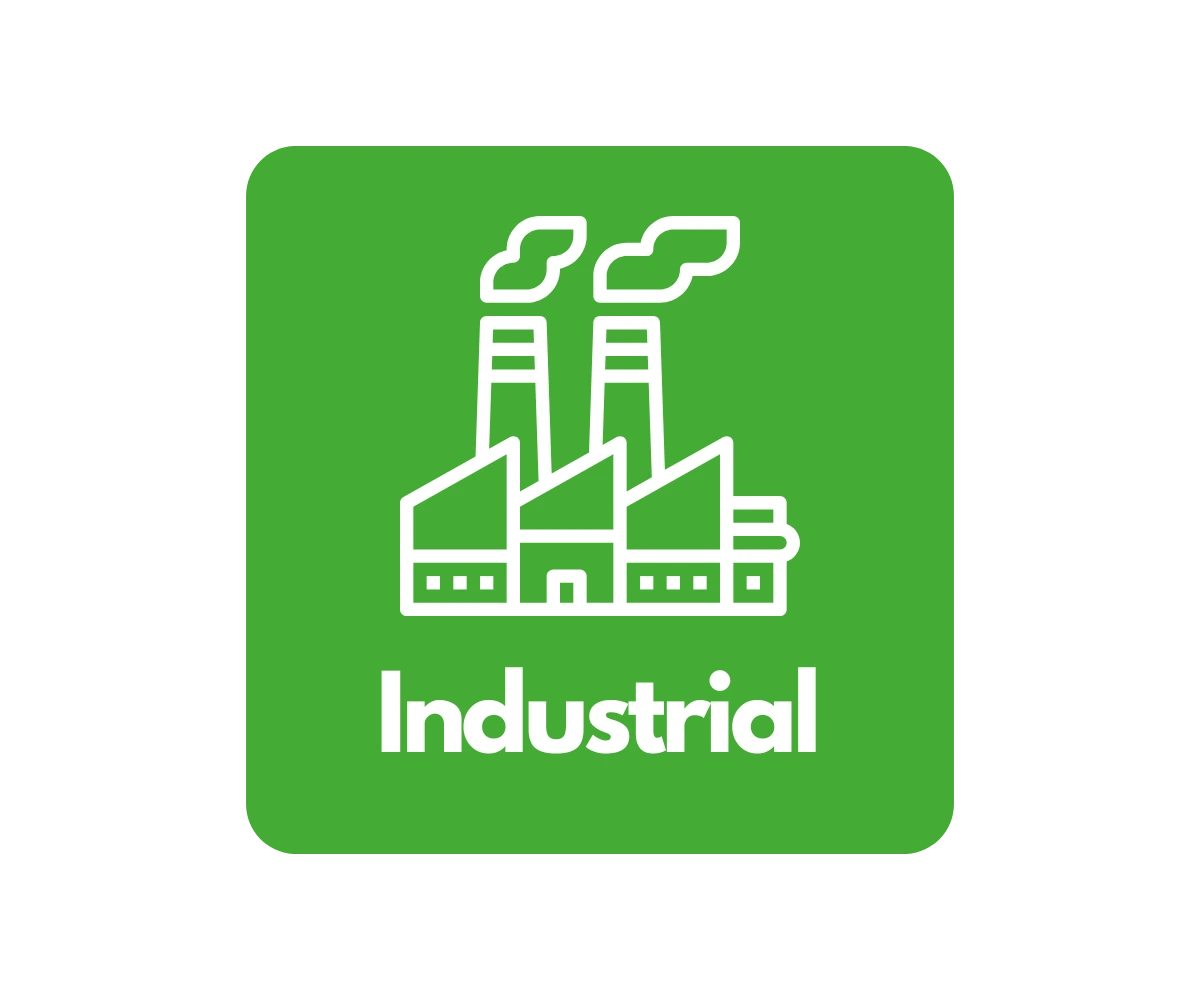 Logo showing industrial factory and smoke billowing out the top on a green square with rounded corners