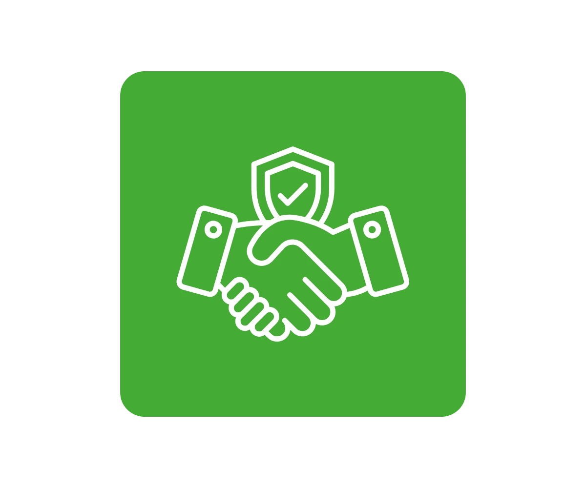 White handshake icon with a green tick on a green square background, representing trust and reliability.