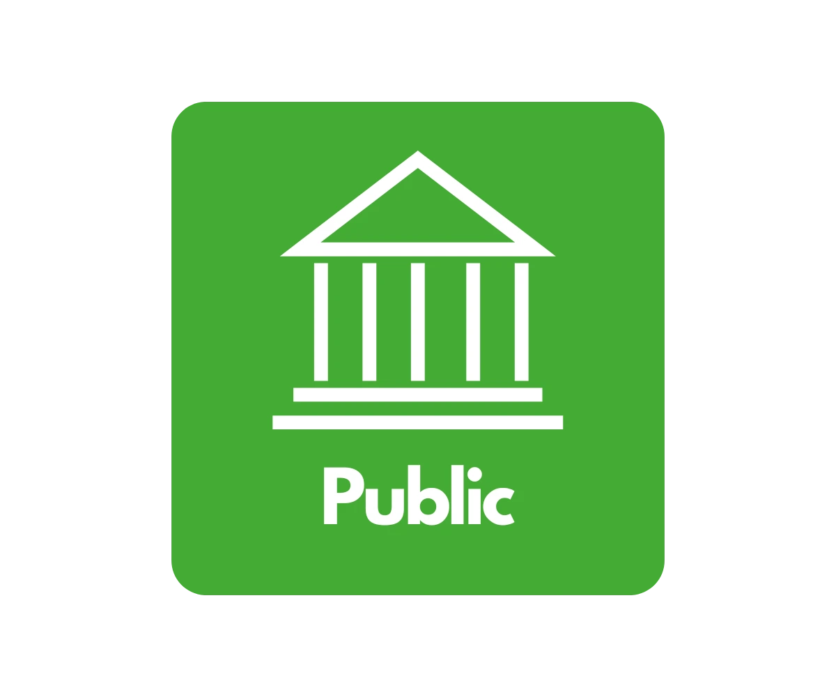 a green square with a white public building icon against a green background