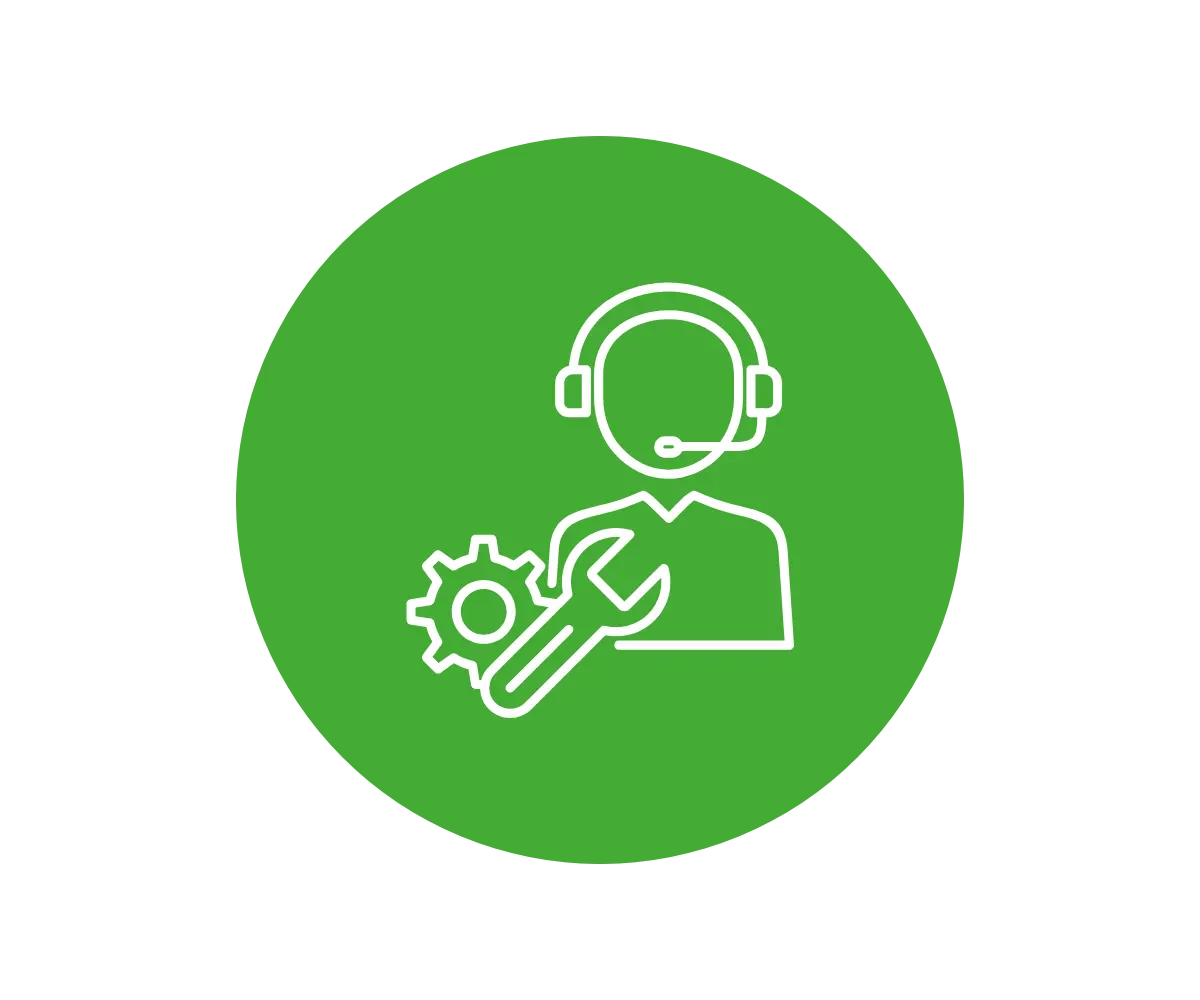 Project tech support logo green circle with a white detail man with spanner cog and headset