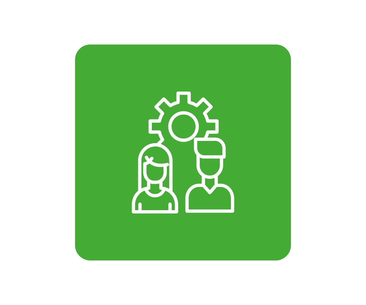 a green background with a white cog and apprentice workers
