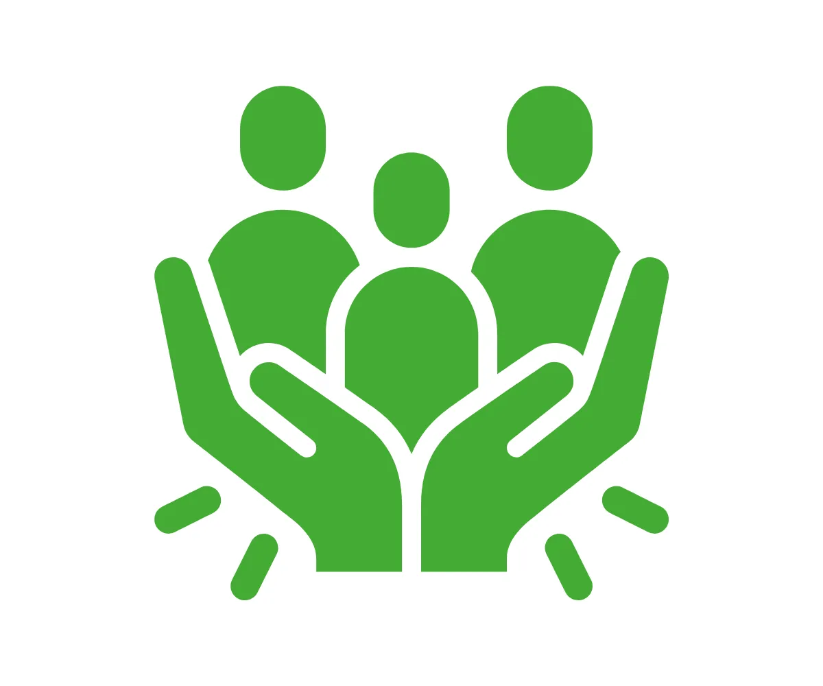 a green icon against a white background showing a team being supported
