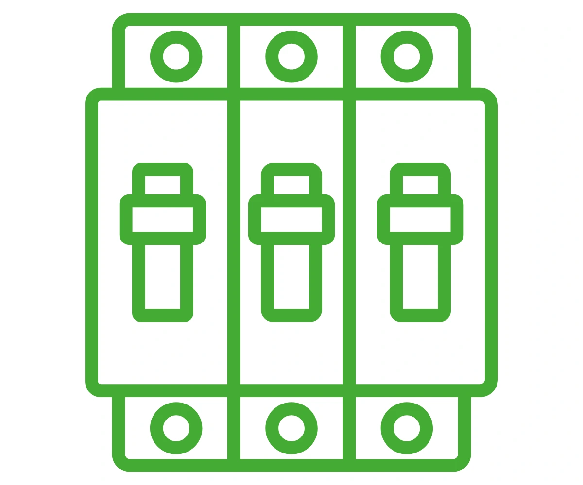a circuit breaker shown on a white background with a green icon in the eco-1 colour scheme