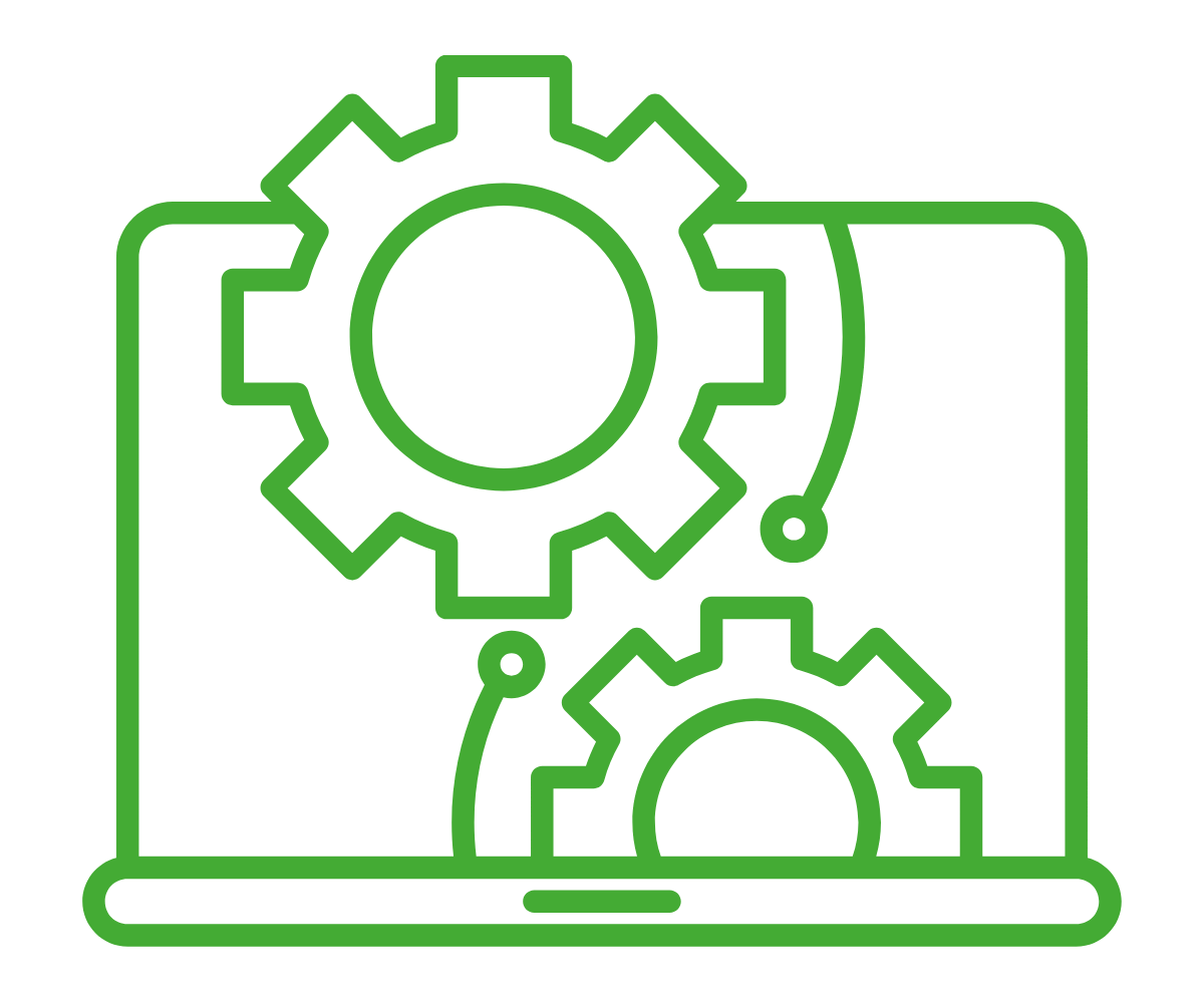 computer with cogs showing technical design at eco-1 in a green eco-1 colour scheme against a white background