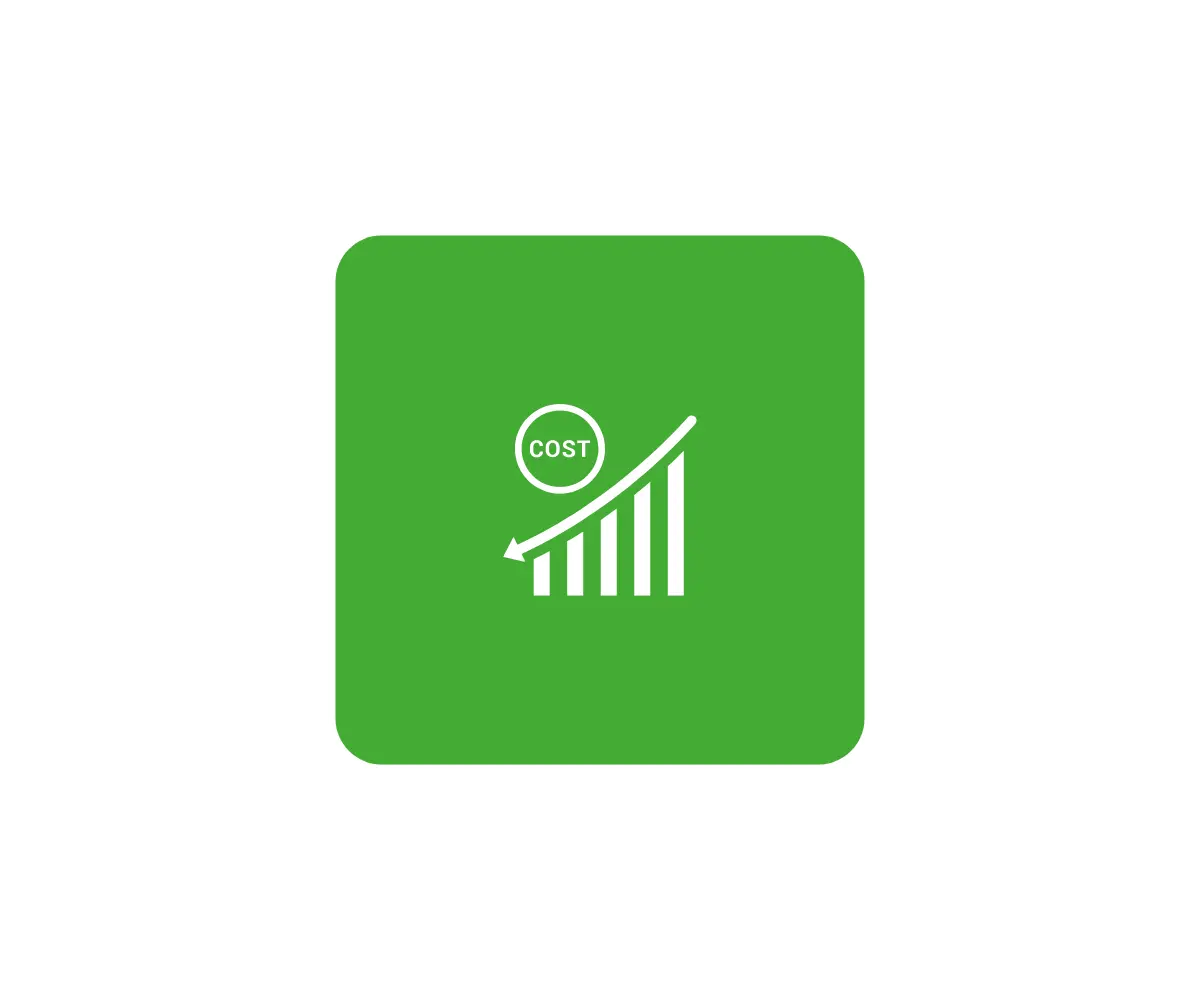 a green background showing a white icon with the bar chart showing cost saving