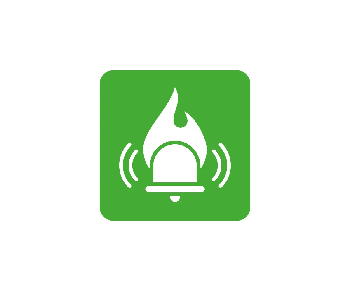 a green square with a white fire alarm icon