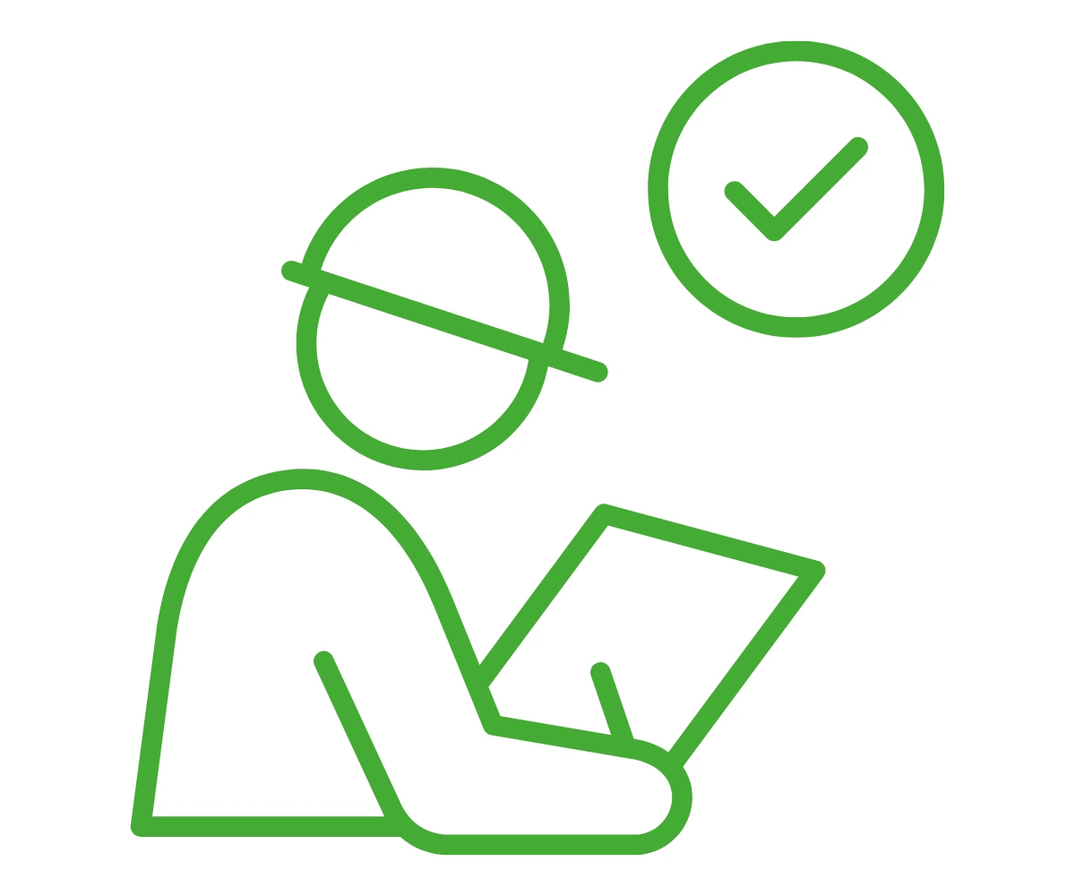 green stick man in the eco-1 colour scheme showing a man inspecting